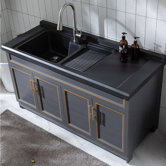 Gray top bathroom vanity with modern faucet