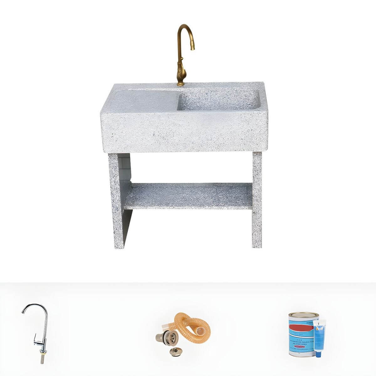 Grey console sink with pop-up drain and faucet