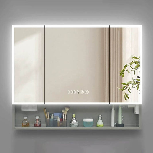 Grey frameless modern medicine cabinet with mirror and lighting