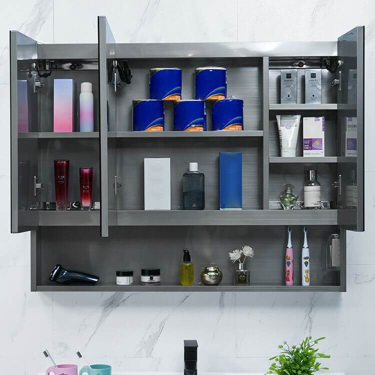 Stainless steel medicine cabinet showcasing USB outlets