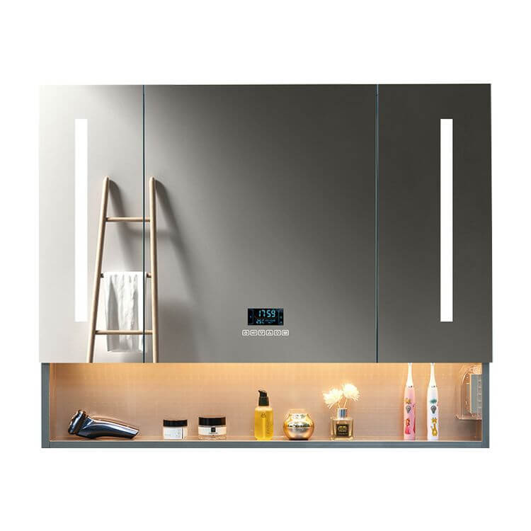 Surface mounted grey cabinet in contemporary bathroom