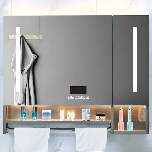 Grey stainless steel medicine cabinet front view