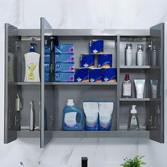 Interior of grey stainless steel medicine cabinet