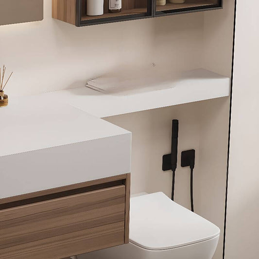 Modern bathroom vanity with auburn wood base