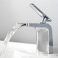 Close-up of innovative touch-control feature on brass faucet