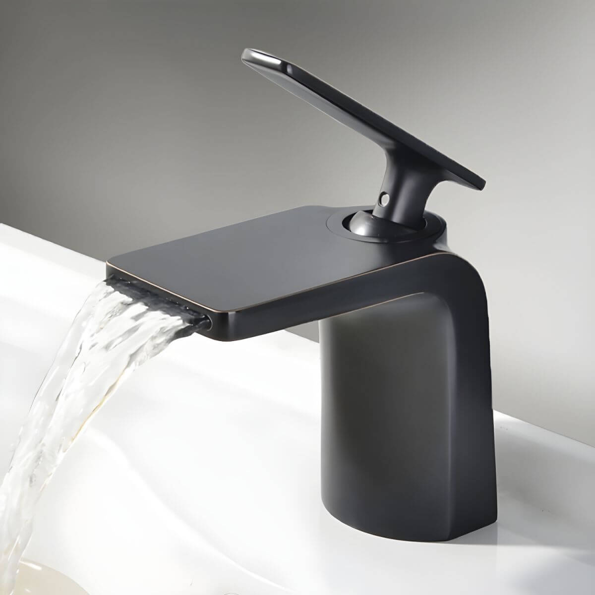 Chrome-finished vessel sink faucet in contemporary bathroom