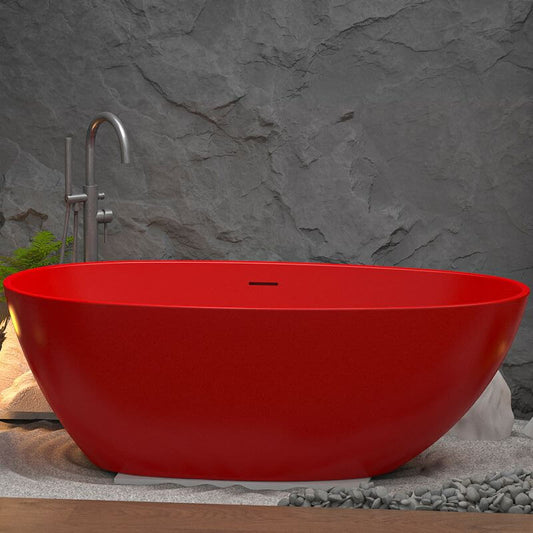 Elliptical minimalist freestanding polymer bathtub with back-to-wall soaking design and cartridge faucet