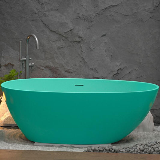 Elliptical minimalist freestanding polymer bathtub with back-to-wall soaking design and cartridge faucet