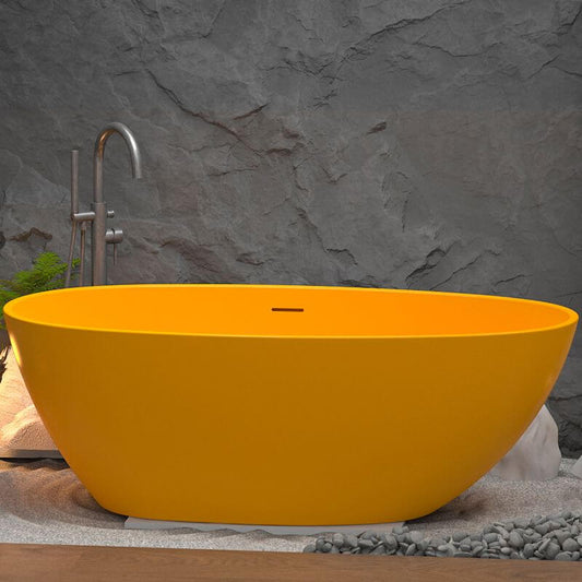 Elliptical minimalist freestanding polymer bathtub with back-to-wall soaking design and cartridge faucet