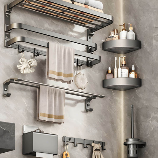 Grey bath shelf with towel rack