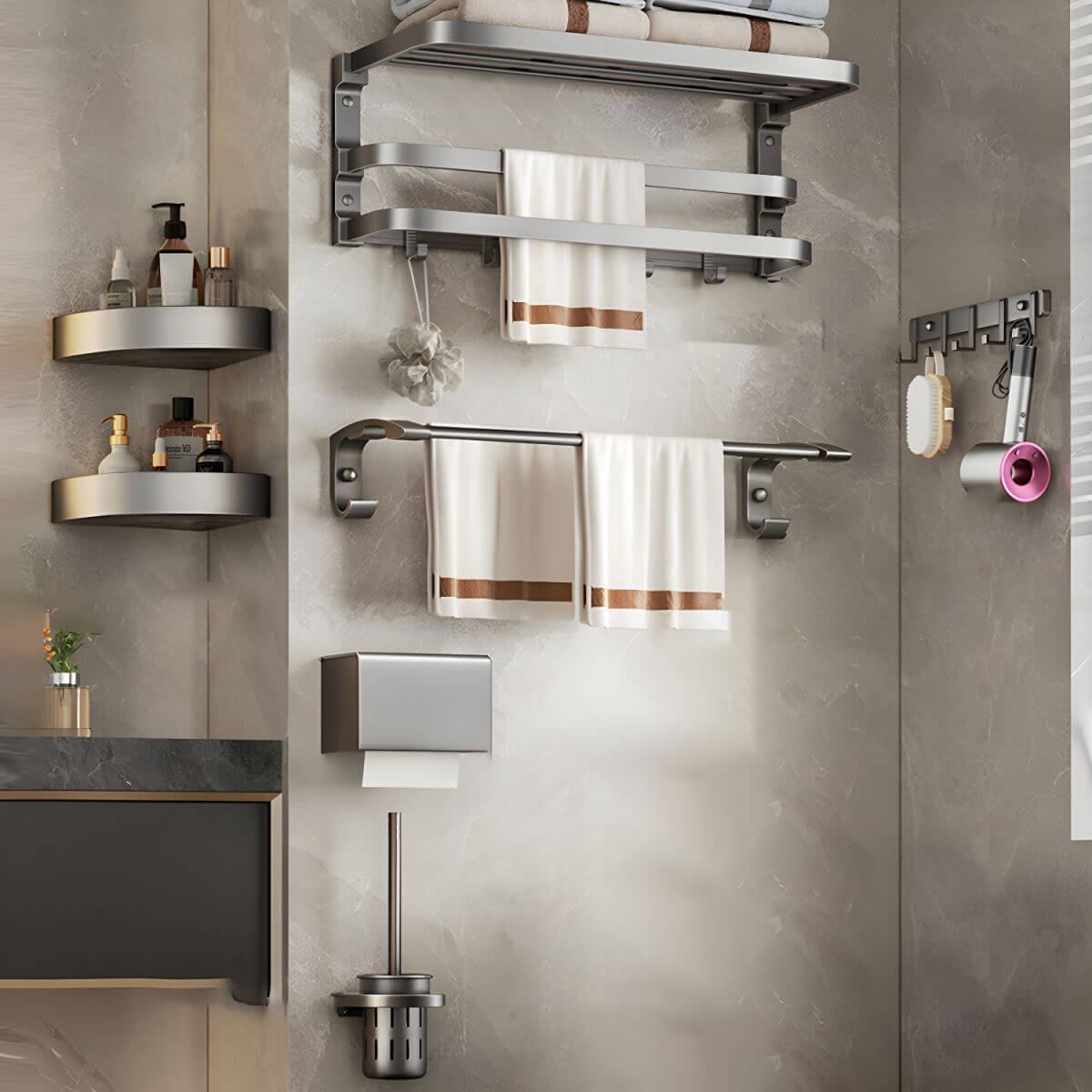 Grey bath shelf with towel rack