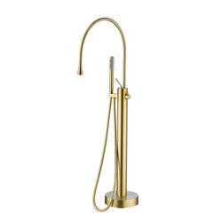 Luxury floor mounted bathtub faucet in a contemporary bathroom