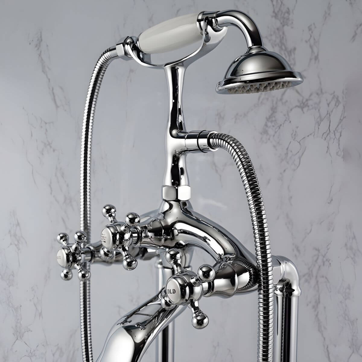 Silver floor mounted bathtub faucet