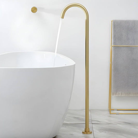 Copper floor-mounted bathtub faucet with valve, trims, and swivel spout for modern bathrooms