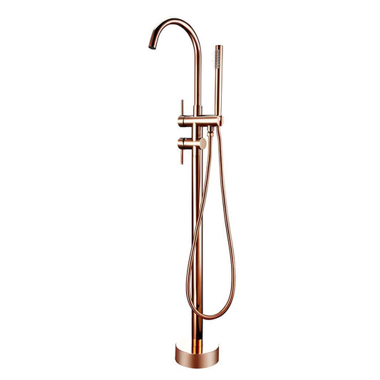 Modern free standing bathtub faucet featuring a swivel spout and included hand shower