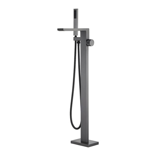 Copper free standing bathtub faucet with hand shower and brass accents, includes hose for easy installation