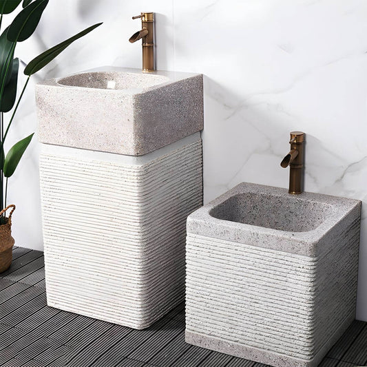 Modern Rectangular Marble Pedestal Sink Beige Finish