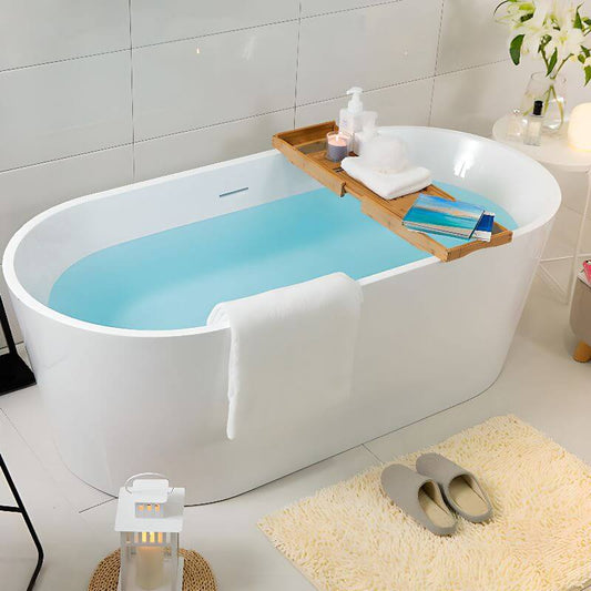 Modern freestanding bathtub with roll top design in white