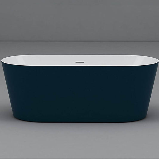 Elliptical freestanding polymer bathtub with roll top, perfect for soaking in a modern bathroom