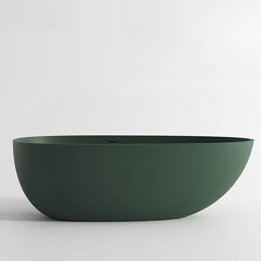 Elliptical freestanding stone bathtub with roll top soaking design and overflow hole