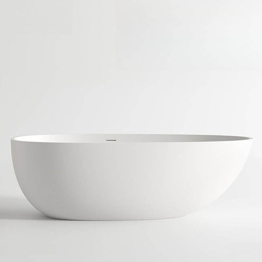Elliptical freestanding stone bathtub with roll top soaking design and overflow hole