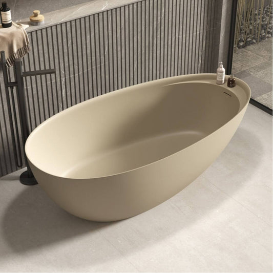 Moderne freistehende ovale Badewanne aus Stein in Milchkakao