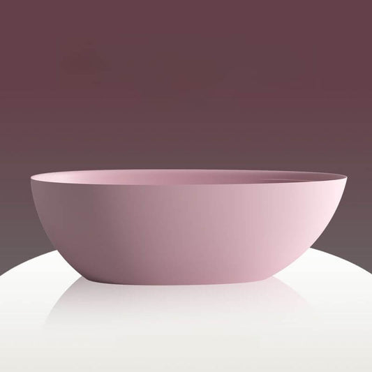 Oval freestanding bathtub with modern stone finish and roll top soaking design