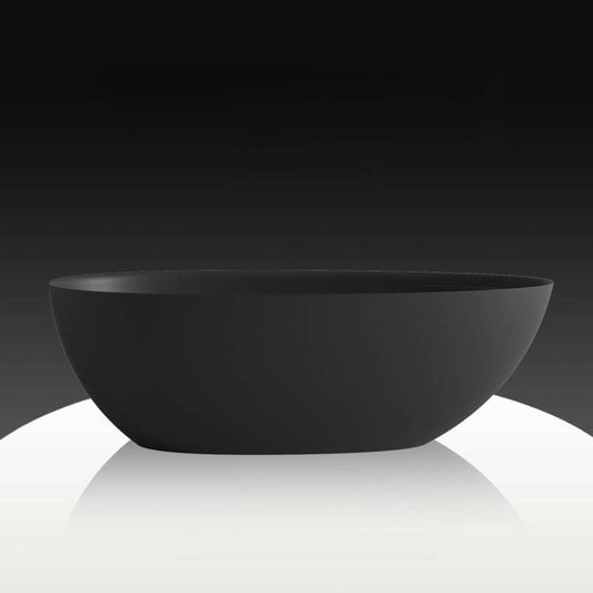 Oval freestanding bathtub with modern stone finish and roll top soaking design