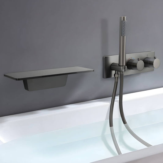 Wall-mounted bathtub spout with hand shower, knob handles, and included valve