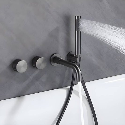 Wall-mounted Roman bathtub faucet with hand shower and flexible hose for modern bathrooms
