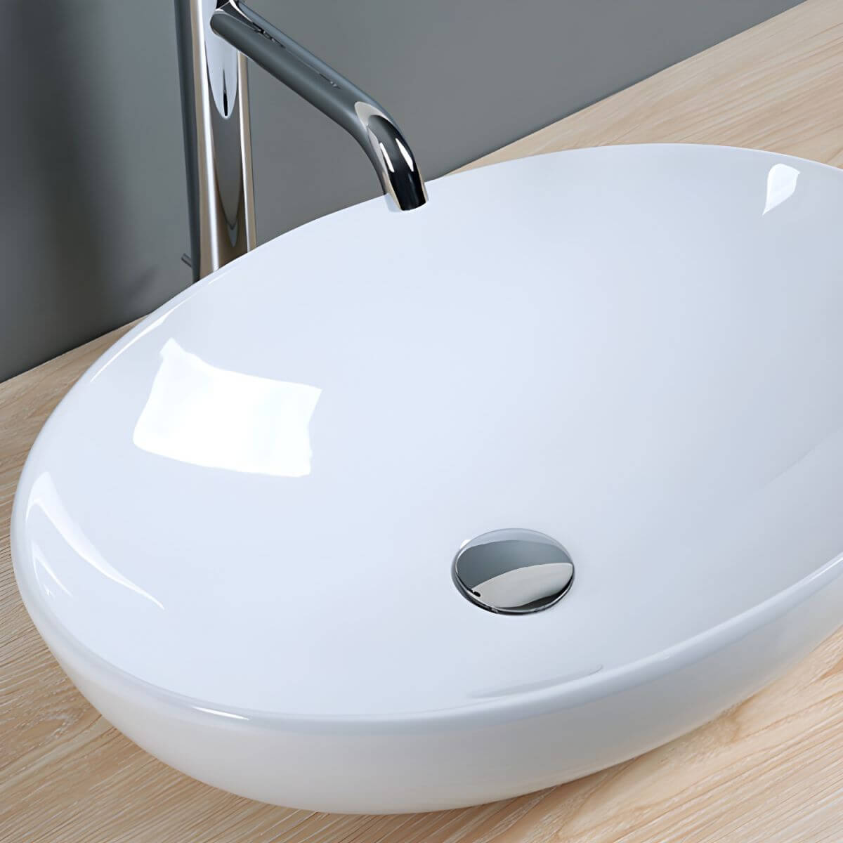 Oval ceramic vessel sink in modern bathroom