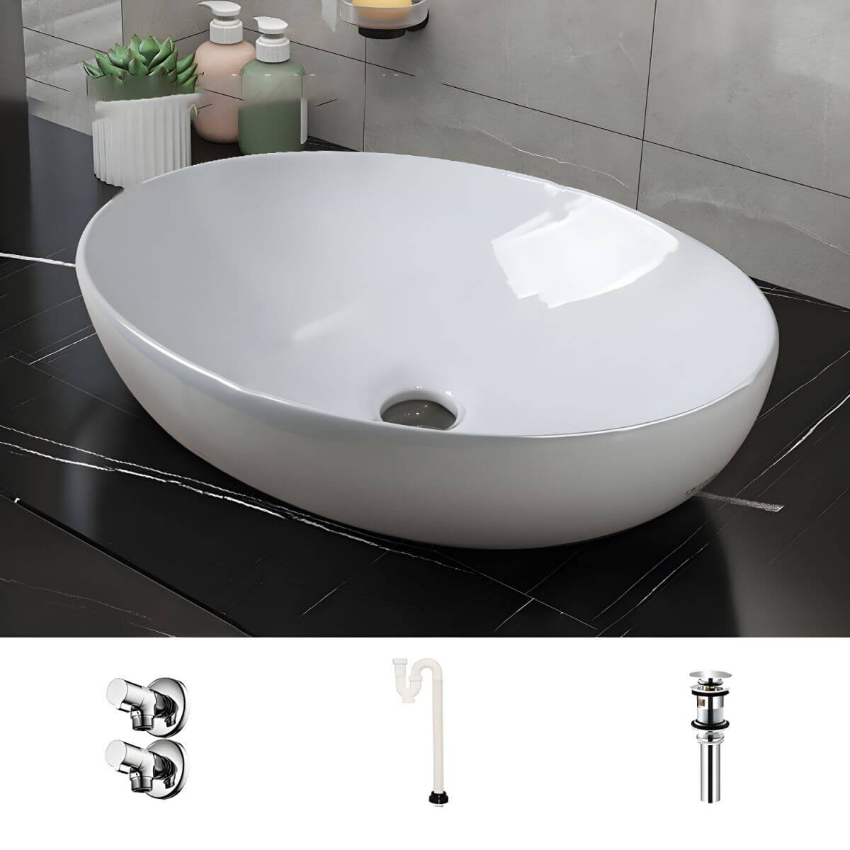 Modern white ceramic oval vessel sink front view