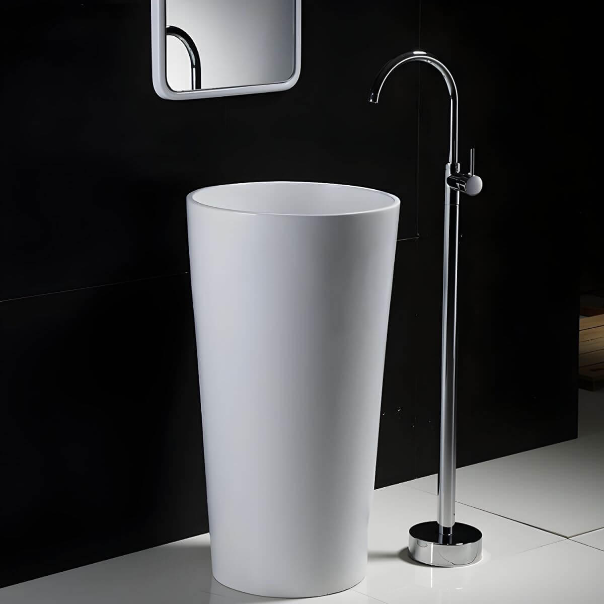 stylish pedestal sink with chrome faucet