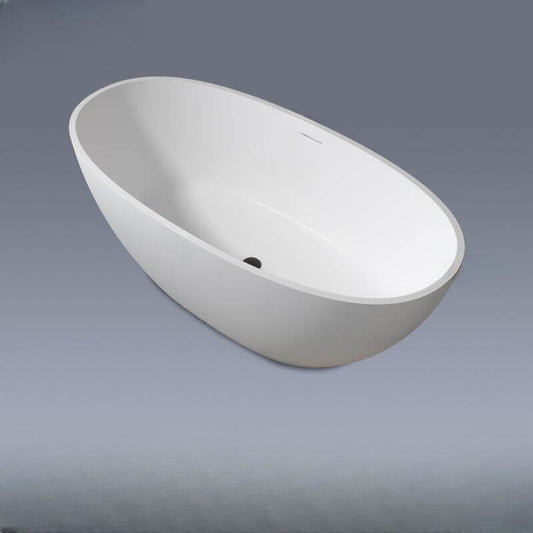 Oval freestanding bathtub with roll top soaking design in modish stone finish