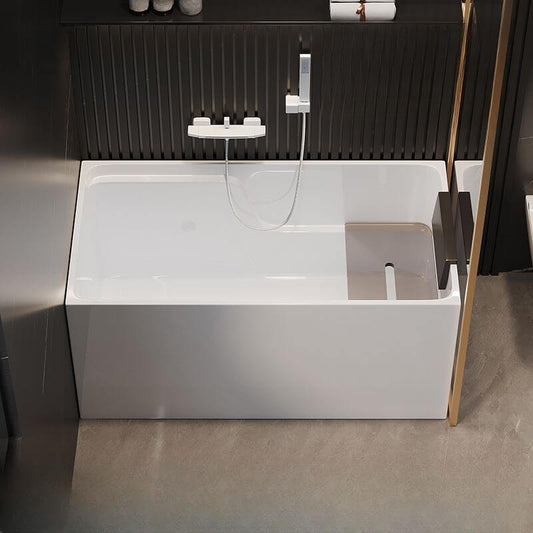 Rectangle back-to-wall freestanding soaking bathtub in polymer with valve and handle faucet
