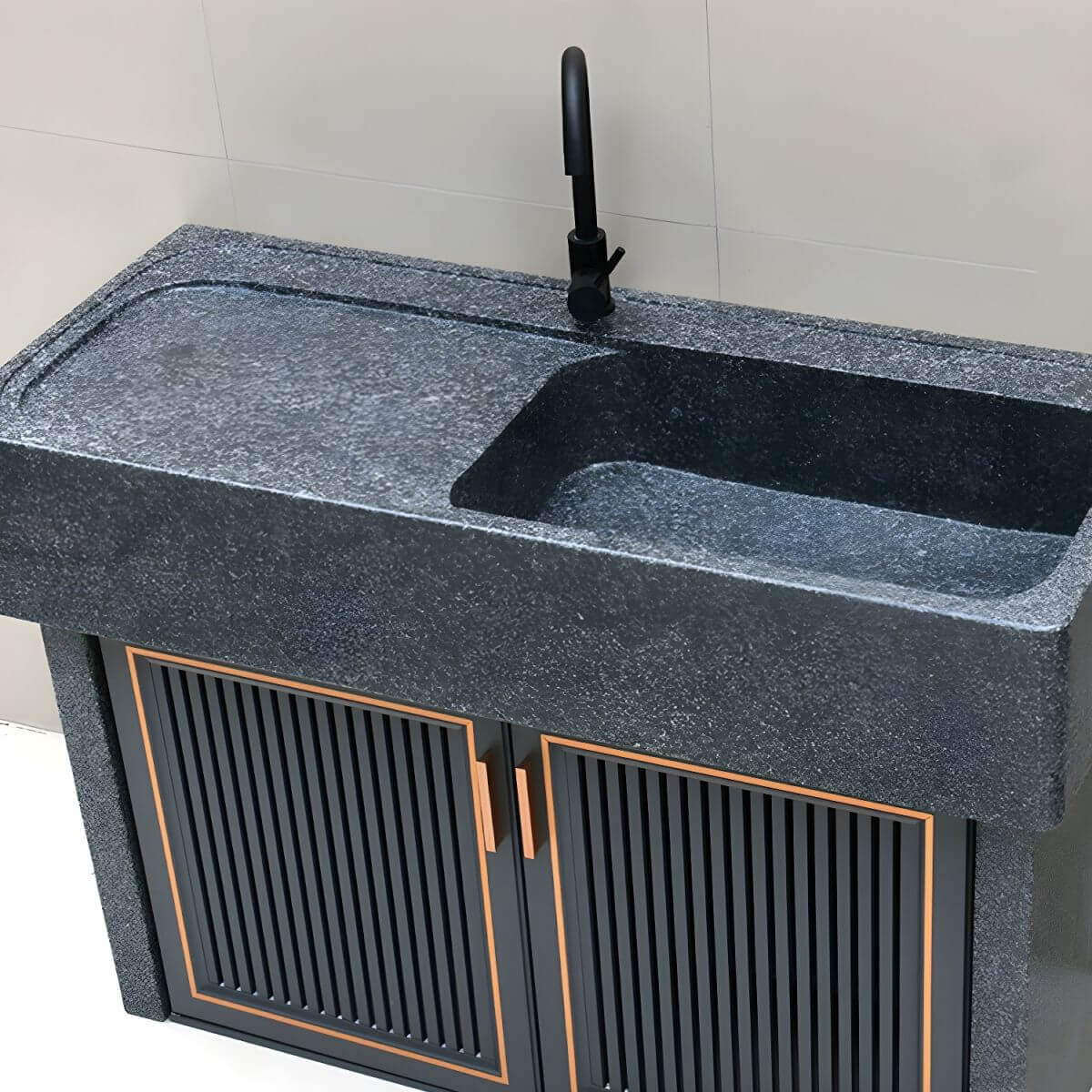 Stylish bathroom setup with grey console sink