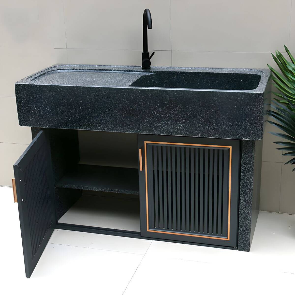 Modern grey console sink in a stylish bathroom