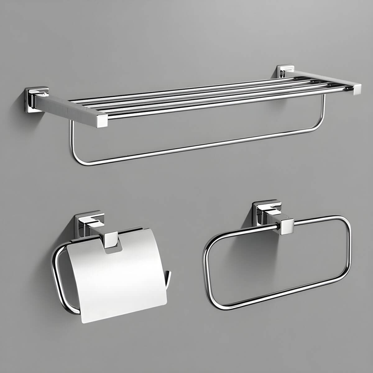 Silver metal towel rack in a bathroom