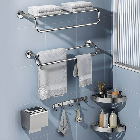 Silver metal bathroom hardware set displayed on a wall