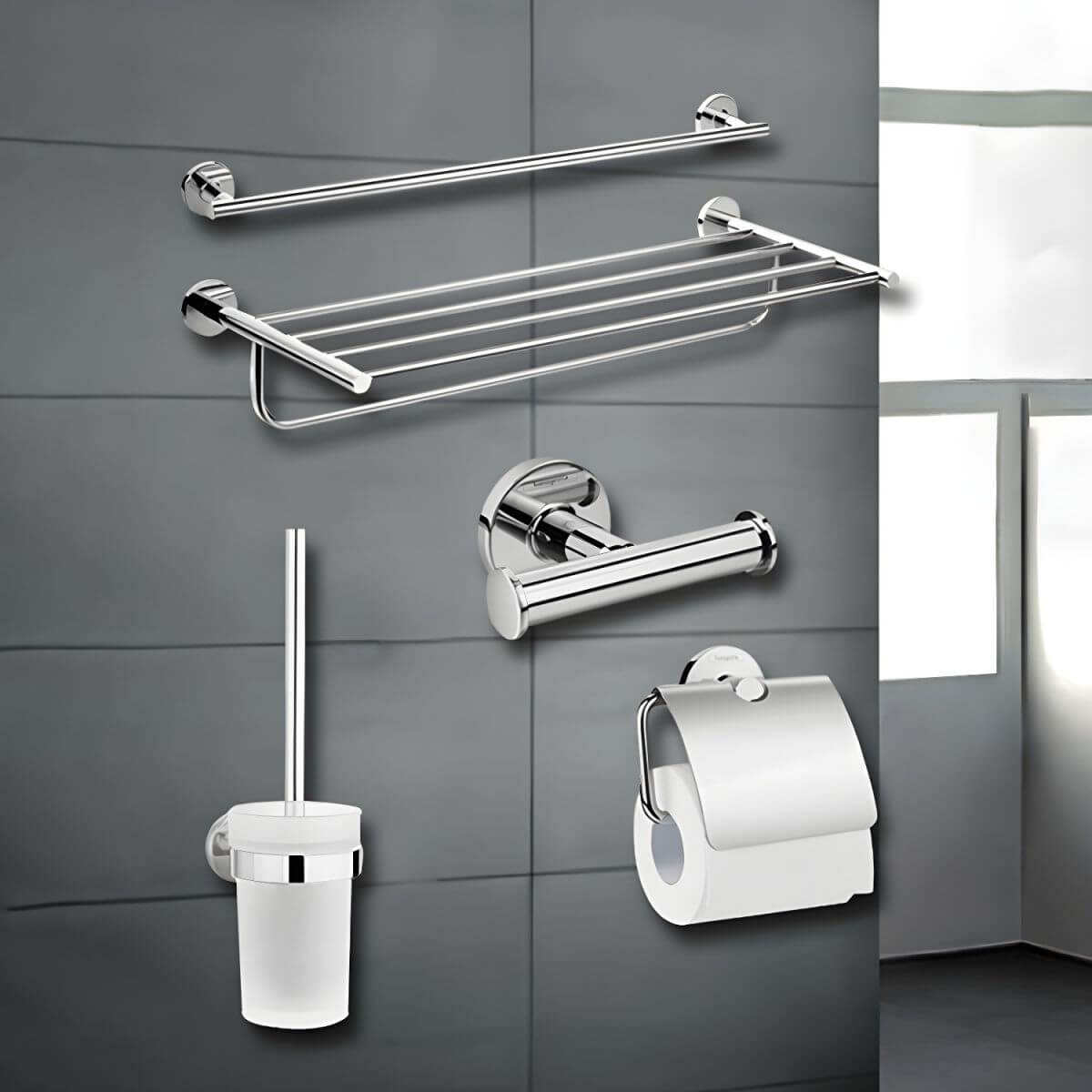 Silver bathroom accessory set