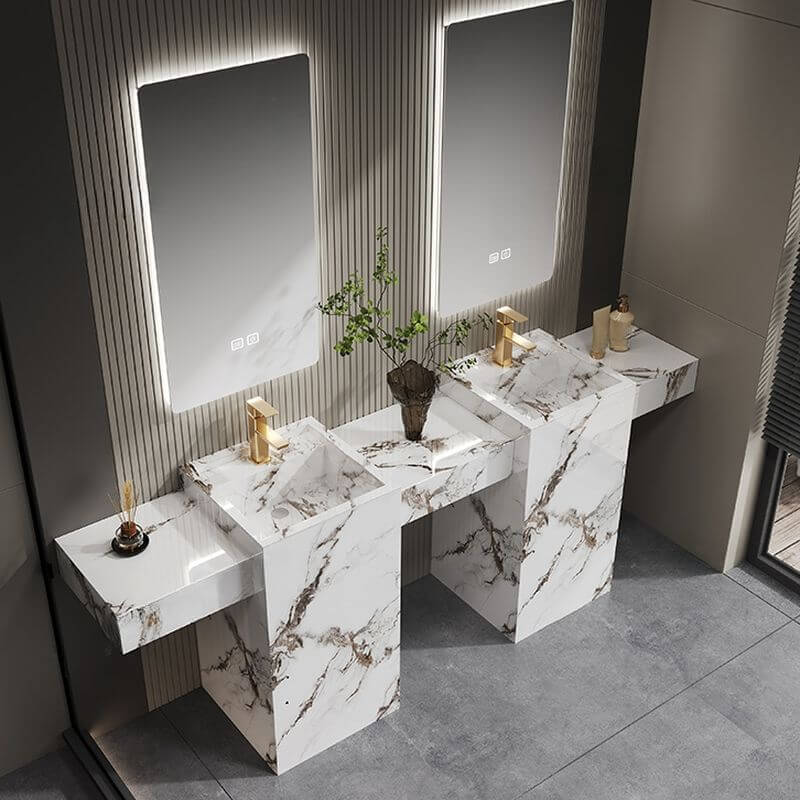 simplistic stone square pedestal sink in white