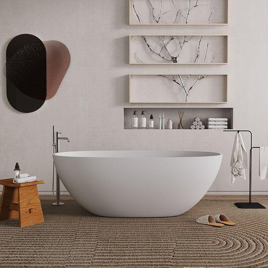 Sleek white contemporary bathtub side view