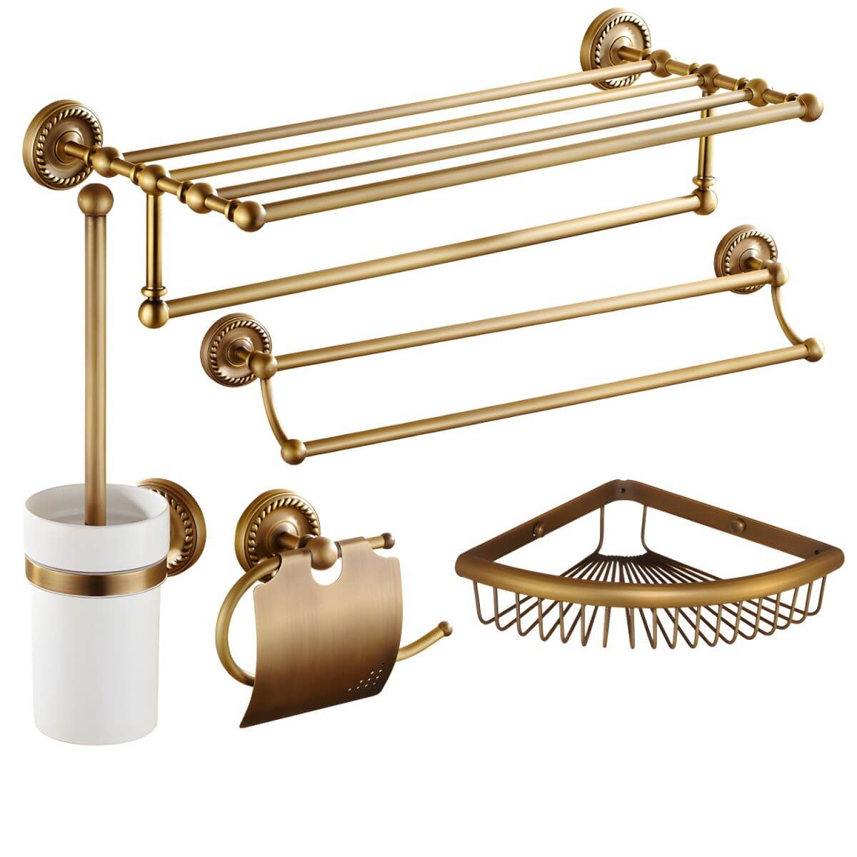 Gold metal bathroom hardware set displayed elegantly