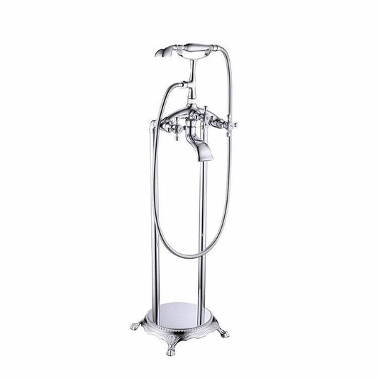 Floor mounted bathtub spout with metal handle and stainless steel hose for traditional bathrooms