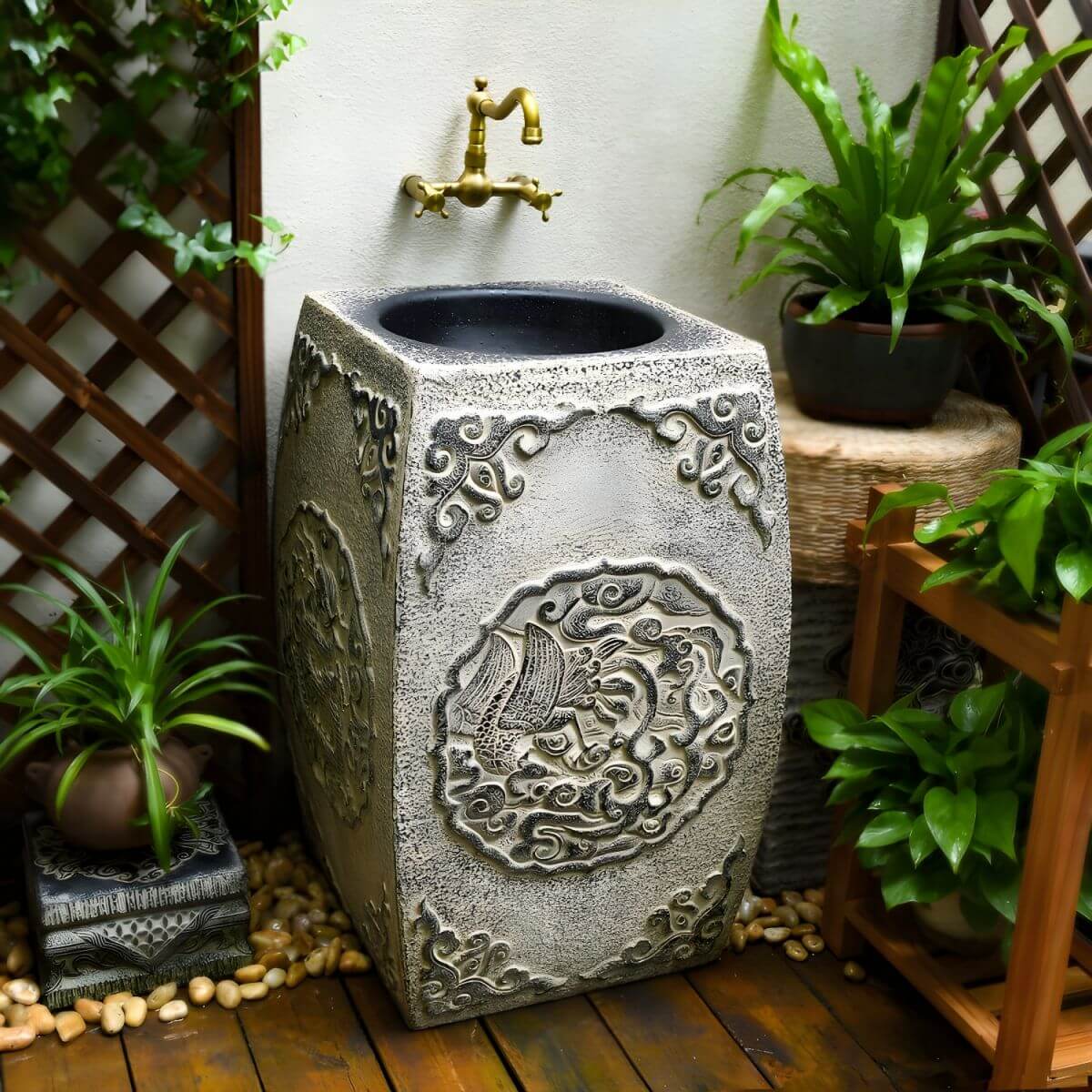 Traditional square hand hammered stone pedestal sink in brown