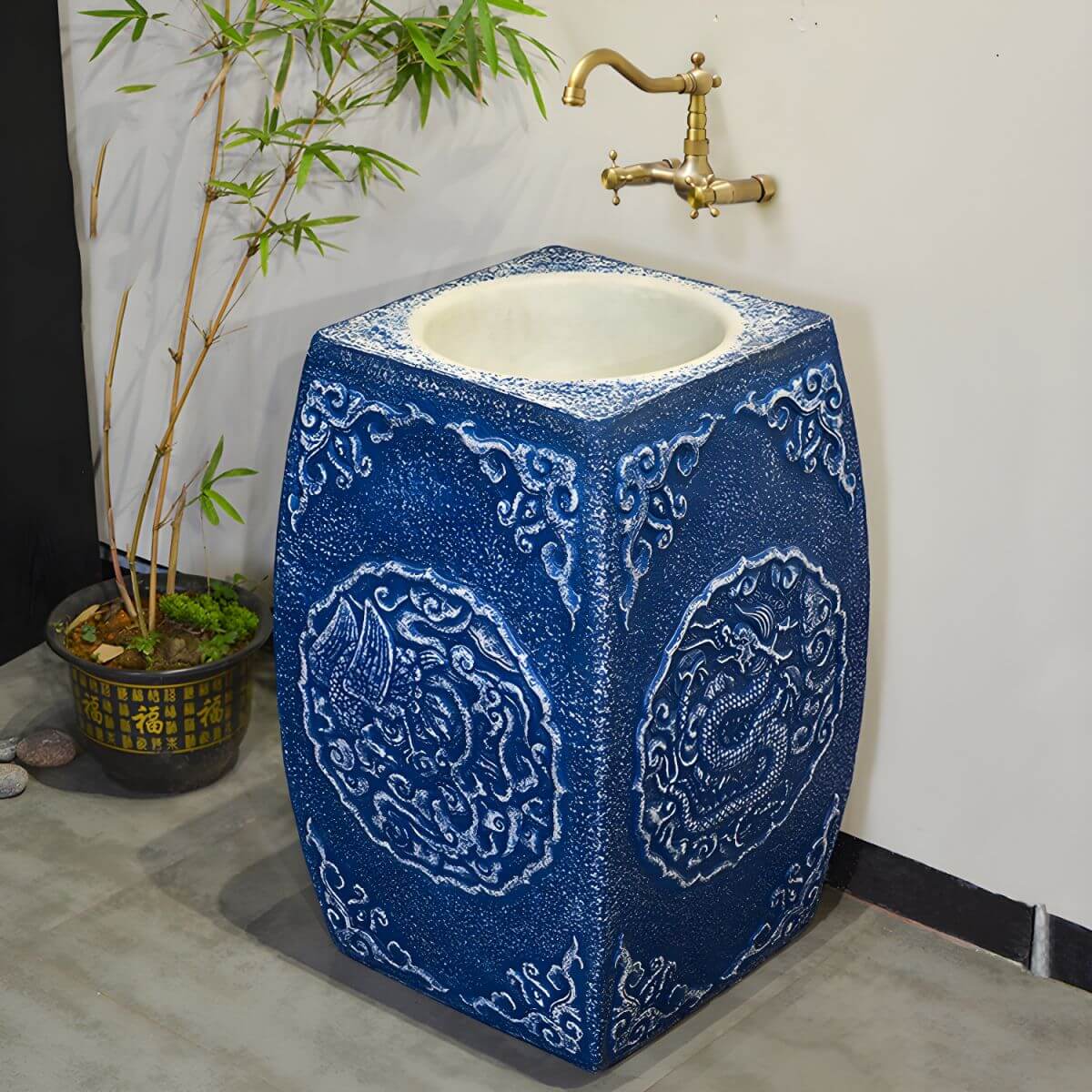 Blue marble sink installed in modern bathroom