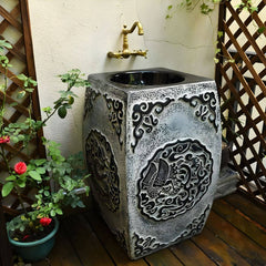 Traditional square hand hammered stone pedestal sink in brown