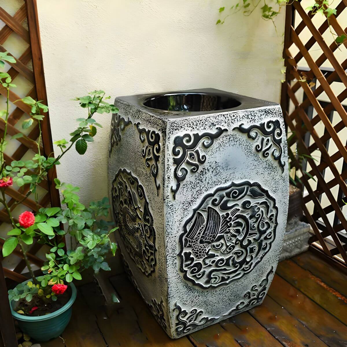 Brown hand carved sink with water running