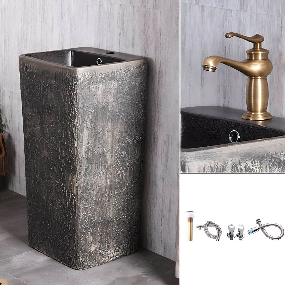 Grey marble pedestal sink with overflow feature