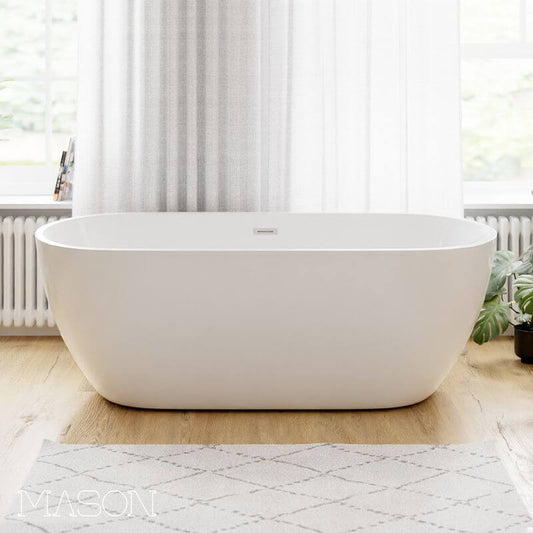 Freestanding Lucite oblong soaking bathtub with roll top design for a trendy bathroom